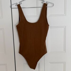 Aritzia Wilfred Free Tan textured bodysuit deep U back thong sleevless